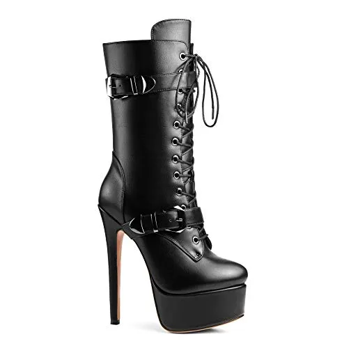 ANN CREEK 'Batian' Classic High Platform Mid Calf Boots Ultra High Stiletto Heels Lace Up Boots Faux Leather Round Toe Tie Up Boots Sexy Black Buckle Strap Thin High Heel Boots Black 9.5