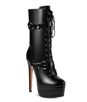 ANN CREEK 'Batian' Classic High Platform Mid Calf Boots Ultra High Stiletto Heels Lace Up Boots Faux Leather Round Toe Tie Up Boots Sexy Black Buckle Strap Thin High Heel Boots Black 9.5