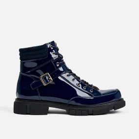 Atlas Navy Patent Leather Strap Boots