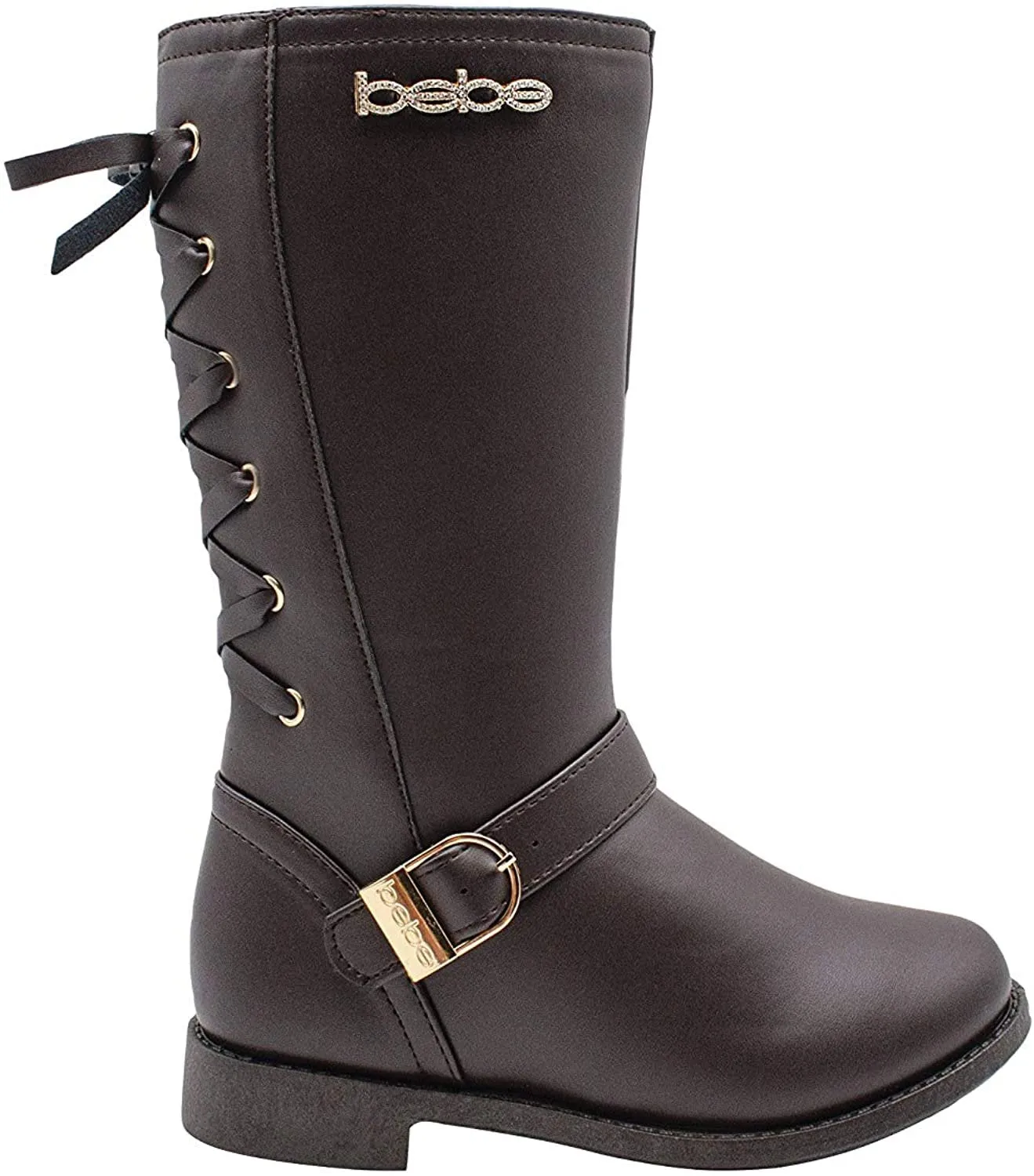 bebe Girls’ Big Kid Slip On Tall Microsuede Winter Boots with Rhinestone Logo Embellishment and Faux Fur Trims