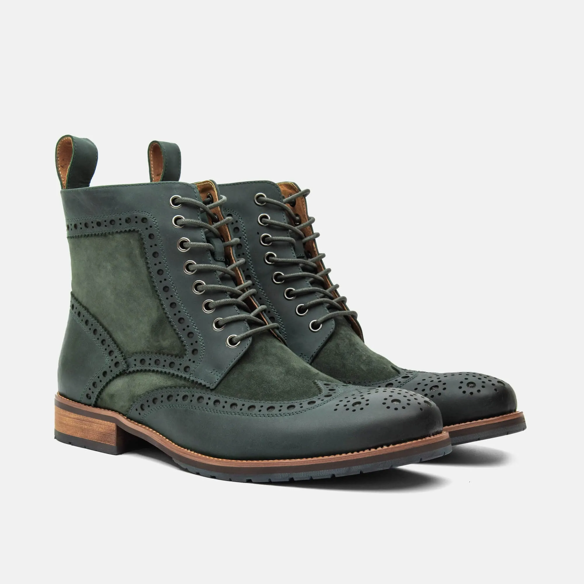 Belmont Hunter Green Leather Wingtip Combat Boots