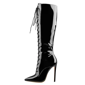 Black Patent Leather Lace Up Pointed Toe Knee High Boots