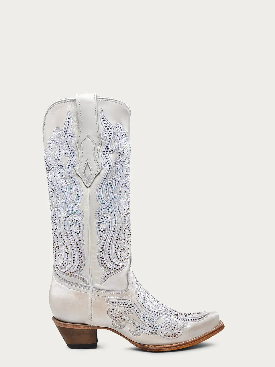 C4103 - WOMEN'S WHITE OVERLAY EMBROIDERY AND CRYSTALS SNIP TOE BOOT