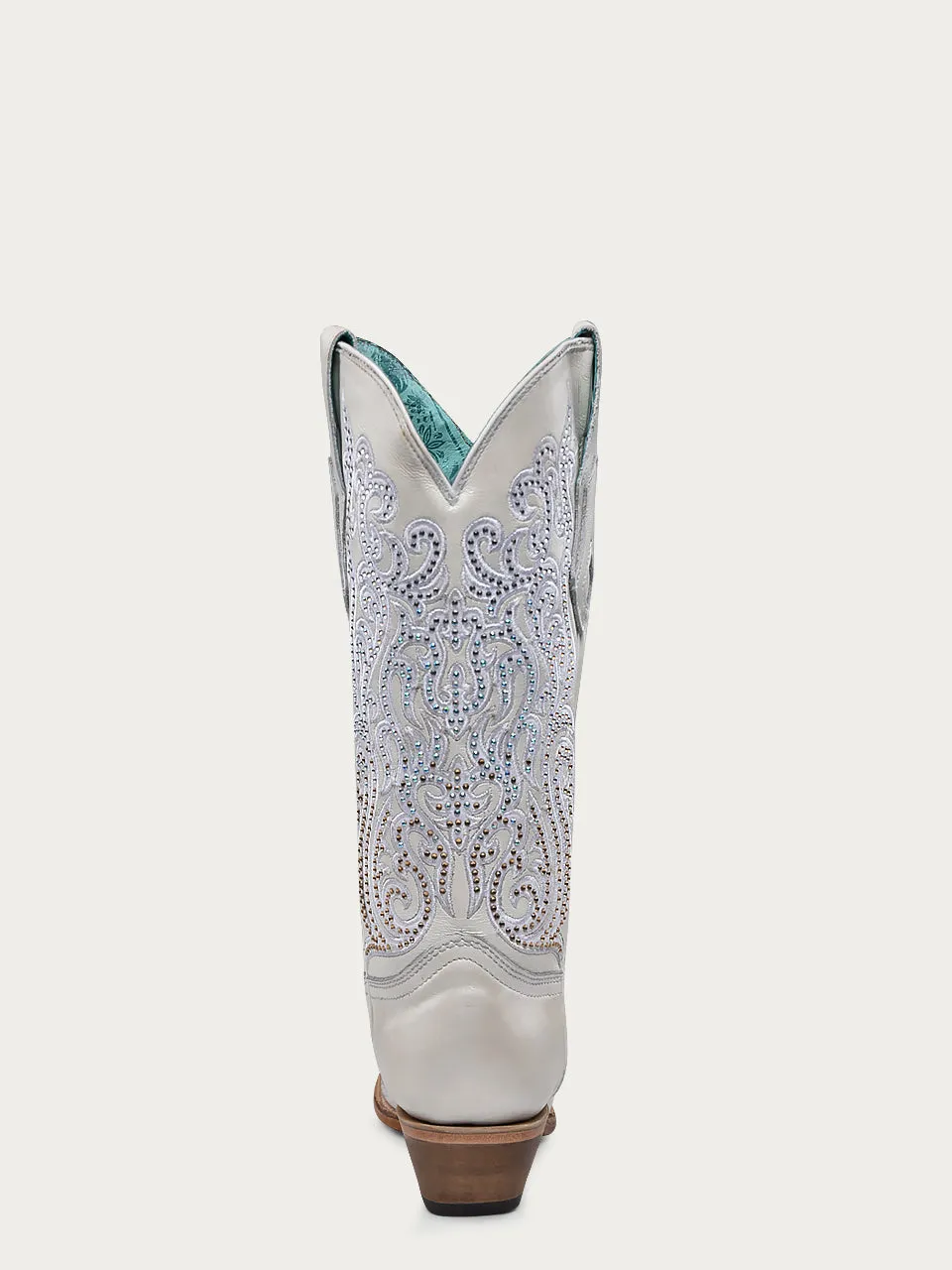 C4103 - WOMEN'S WHITE OVERLAY EMBROIDERY AND CRYSTALS SNIP TOE BOOT