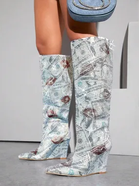 Closed Toe Knee High Wedge Boots