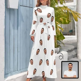 Custom Face White Background Women's Long Sleeve Maxi Dress