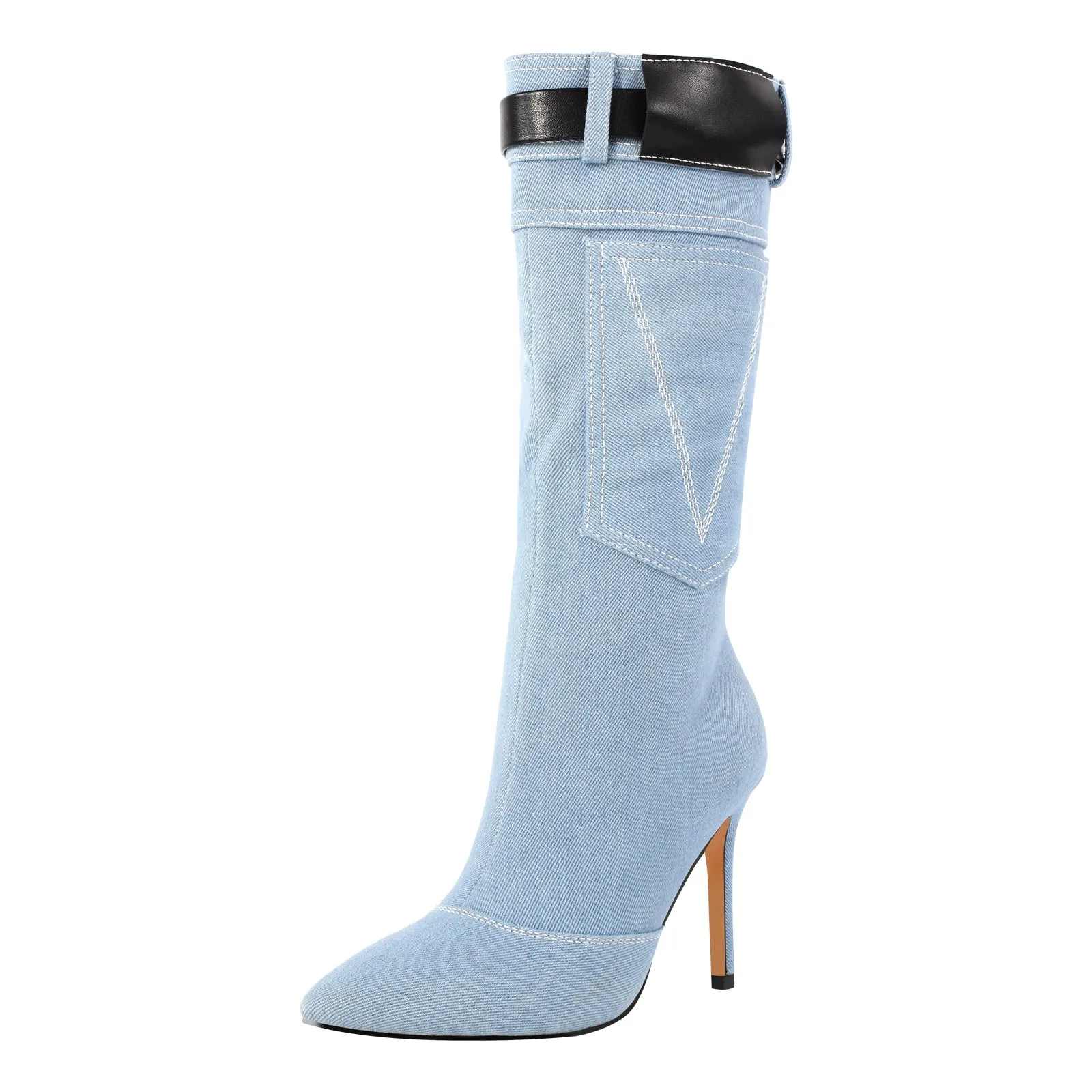 Denim Pointed Toe High Stiletto Boots