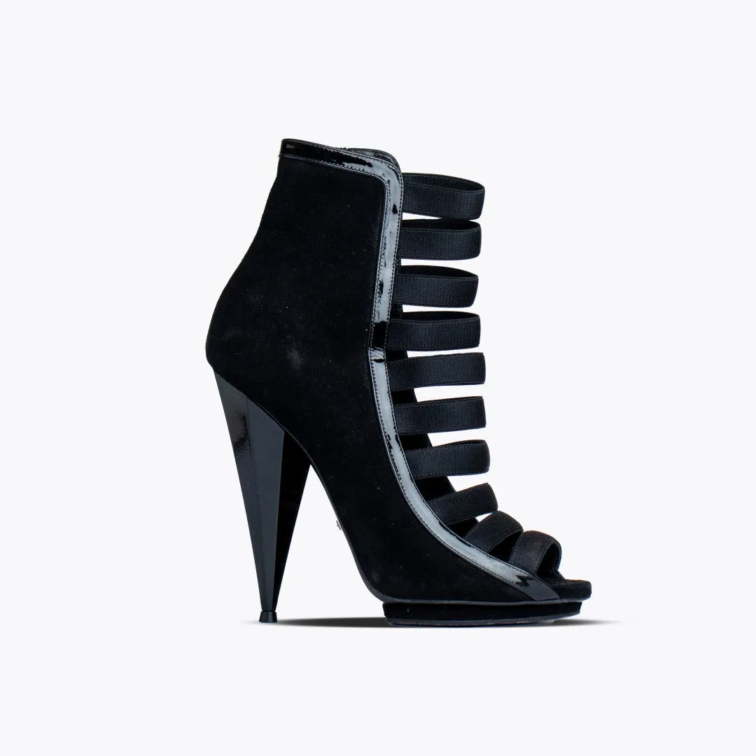 GUCCI BLACK PATENT AND SUEDE OLIMPIA STRAPPY ANKLE BOOT