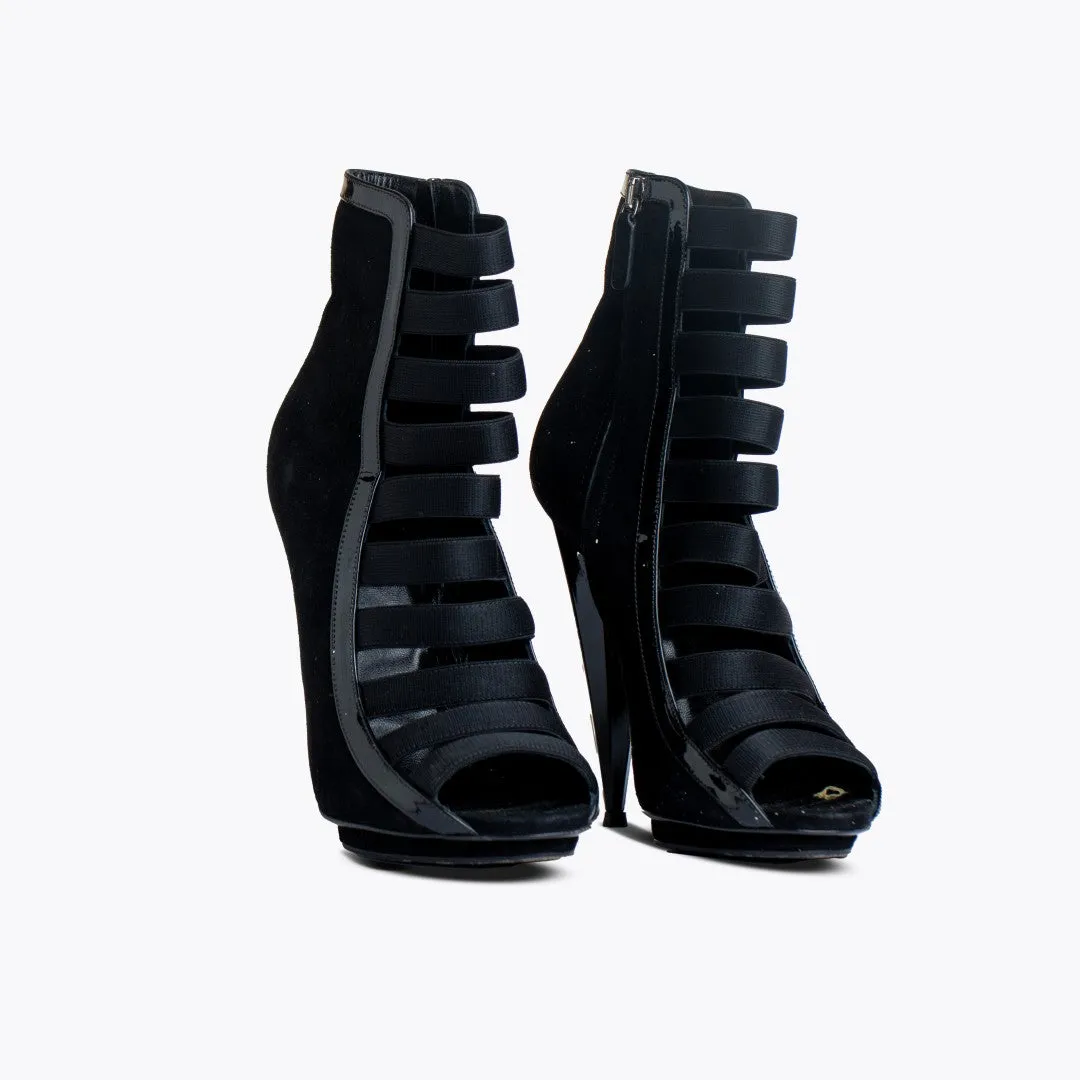 GUCCI BLACK PATENT AND SUEDE OLIMPIA STRAPPY ANKLE BOOT