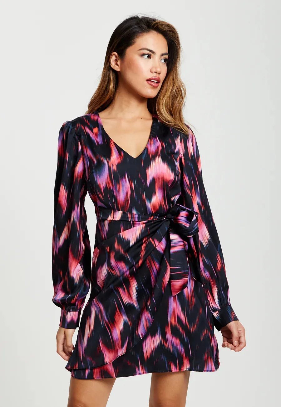 Liquorish Abstract Ikat Print Mini Wrap Dress In Black