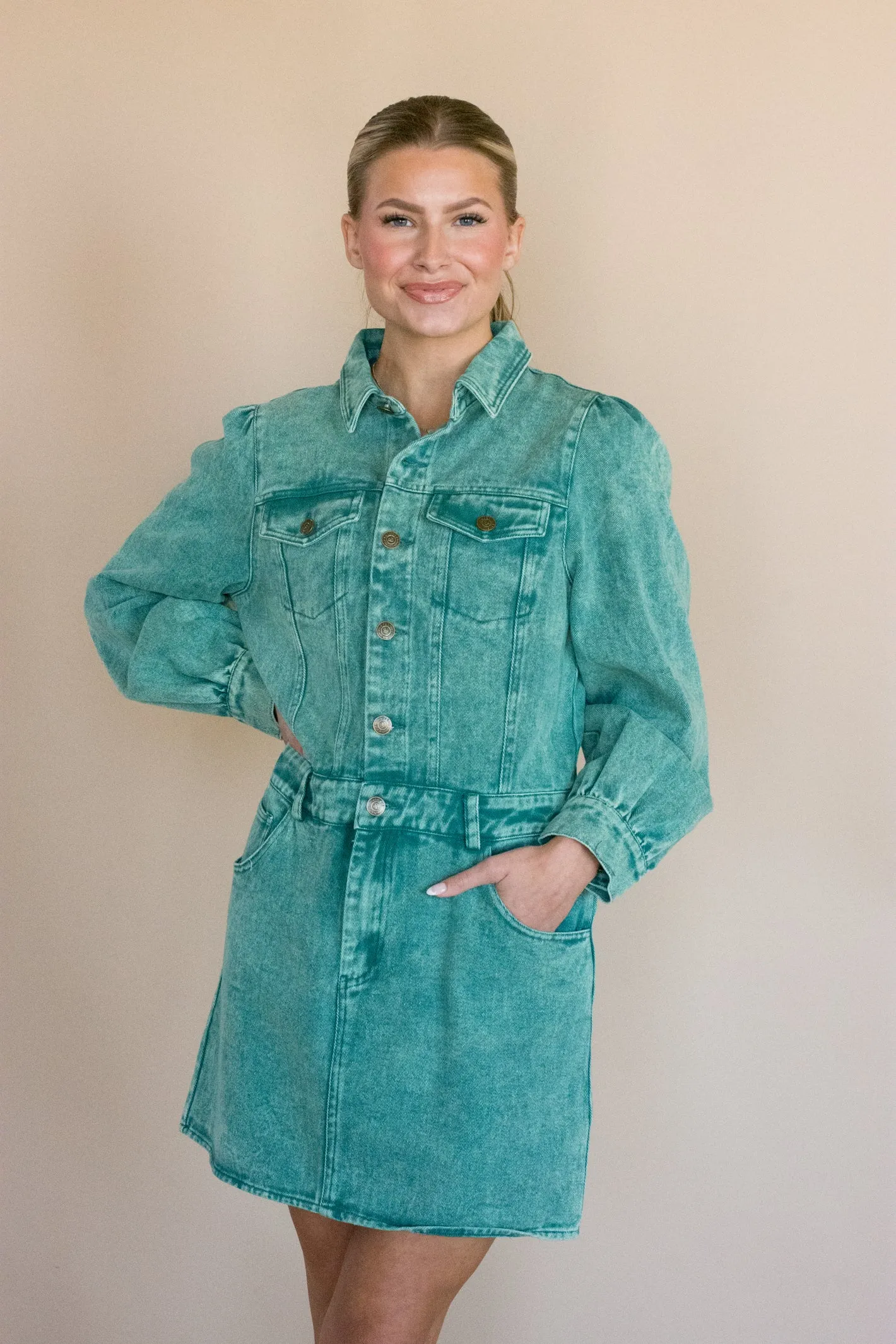 Look My Way Green Denim Dress