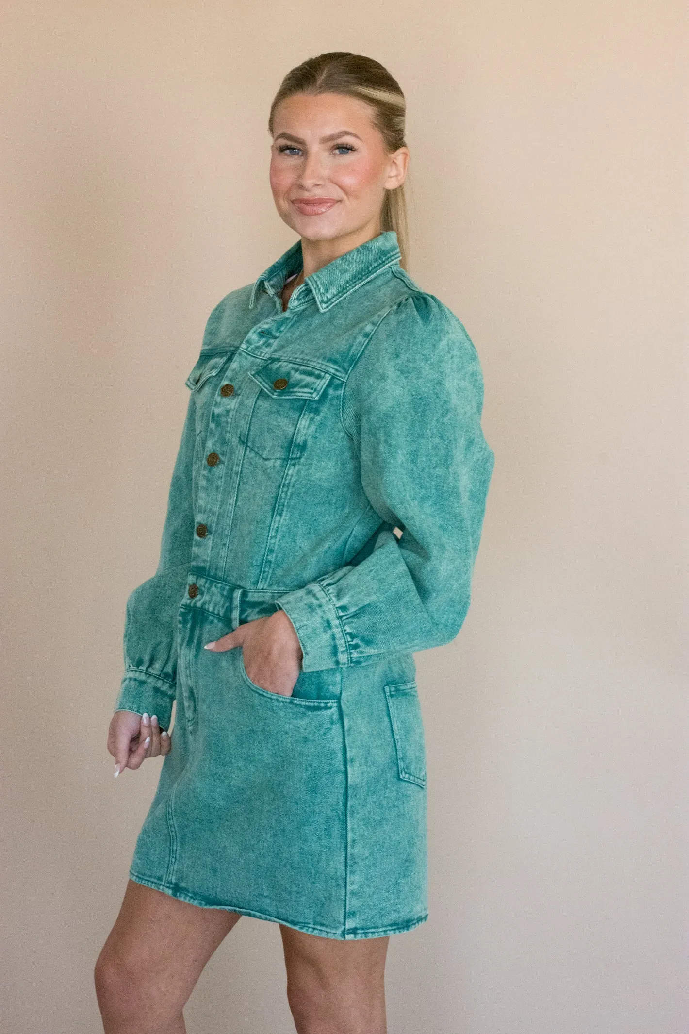 Look My Way Green Denim Dress