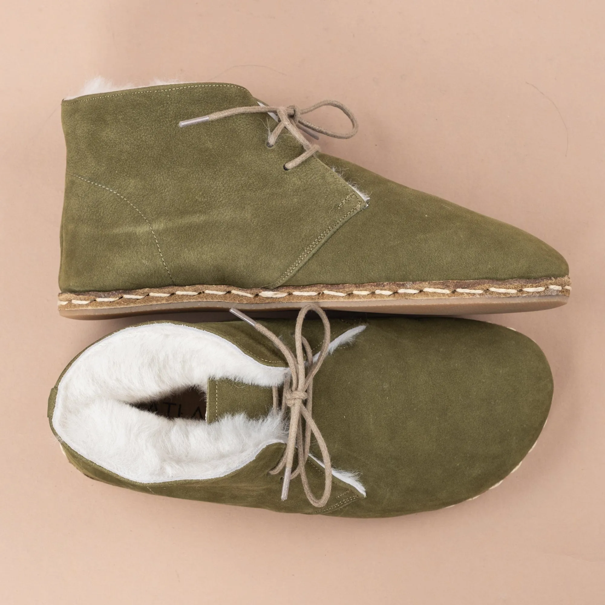 Men's Olive Barefoot Oxford Boots with Fur