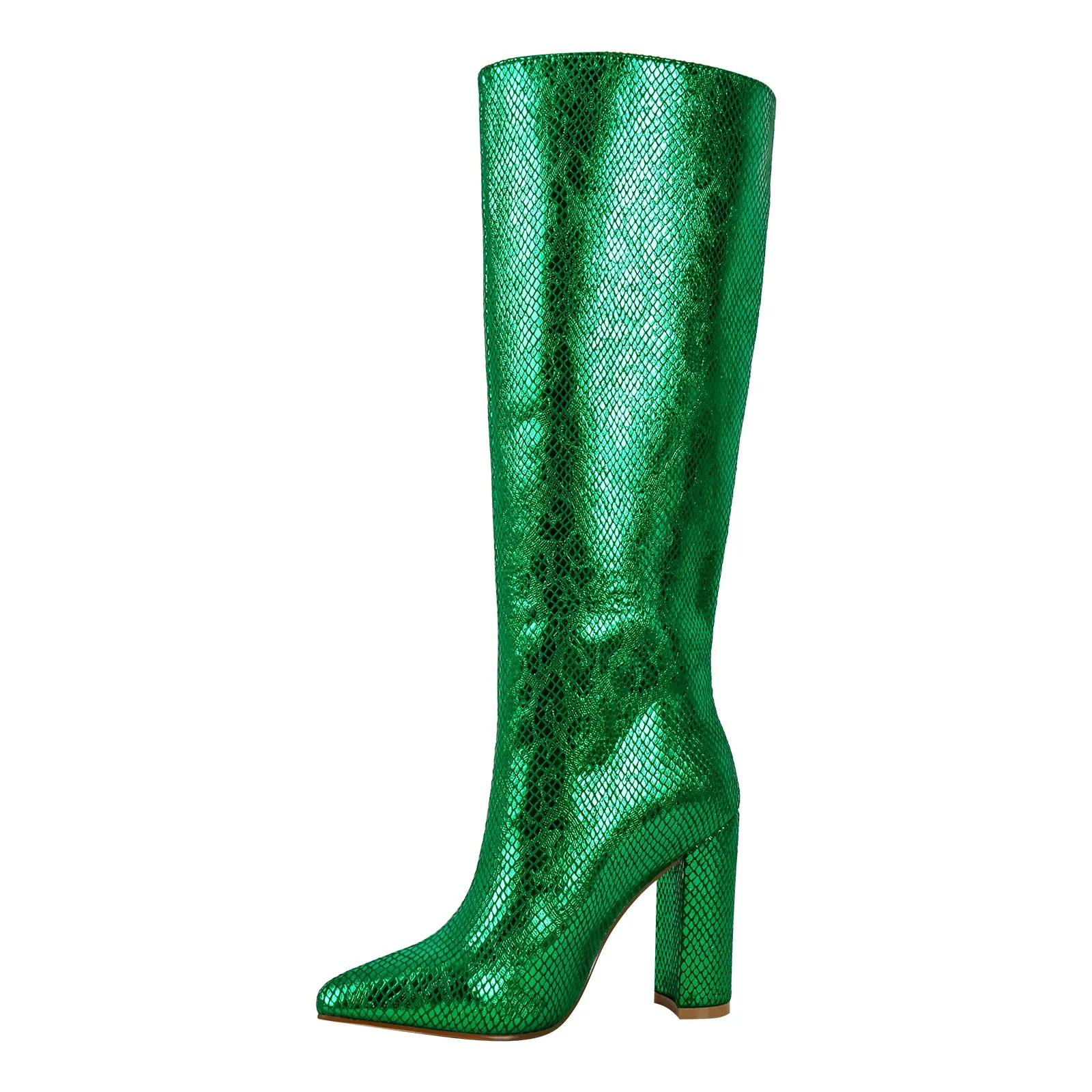 Metallic Snake Print Chunky Heel Knee High Boots