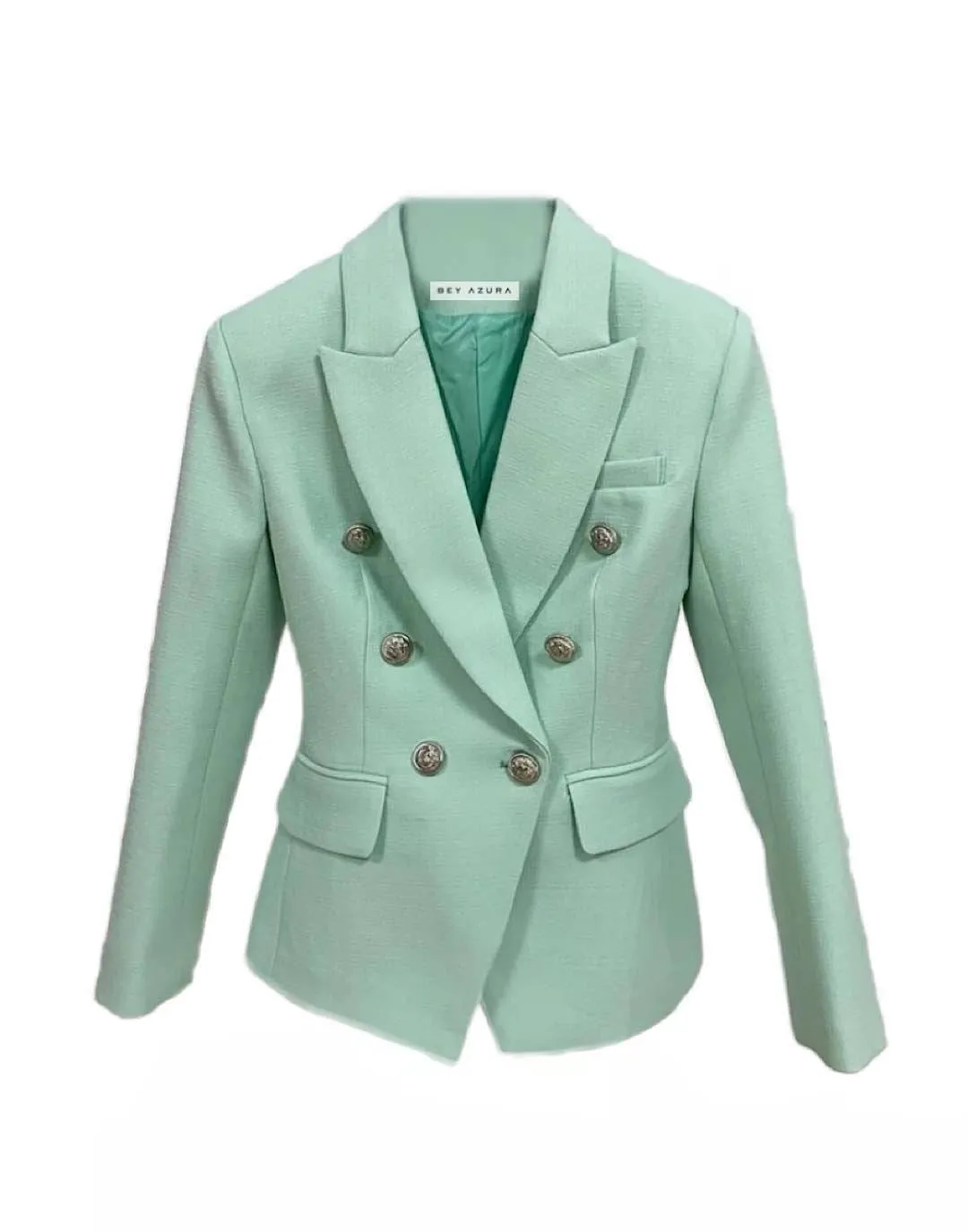 Mint Green Silver Buttoned Double Breasted Blazer