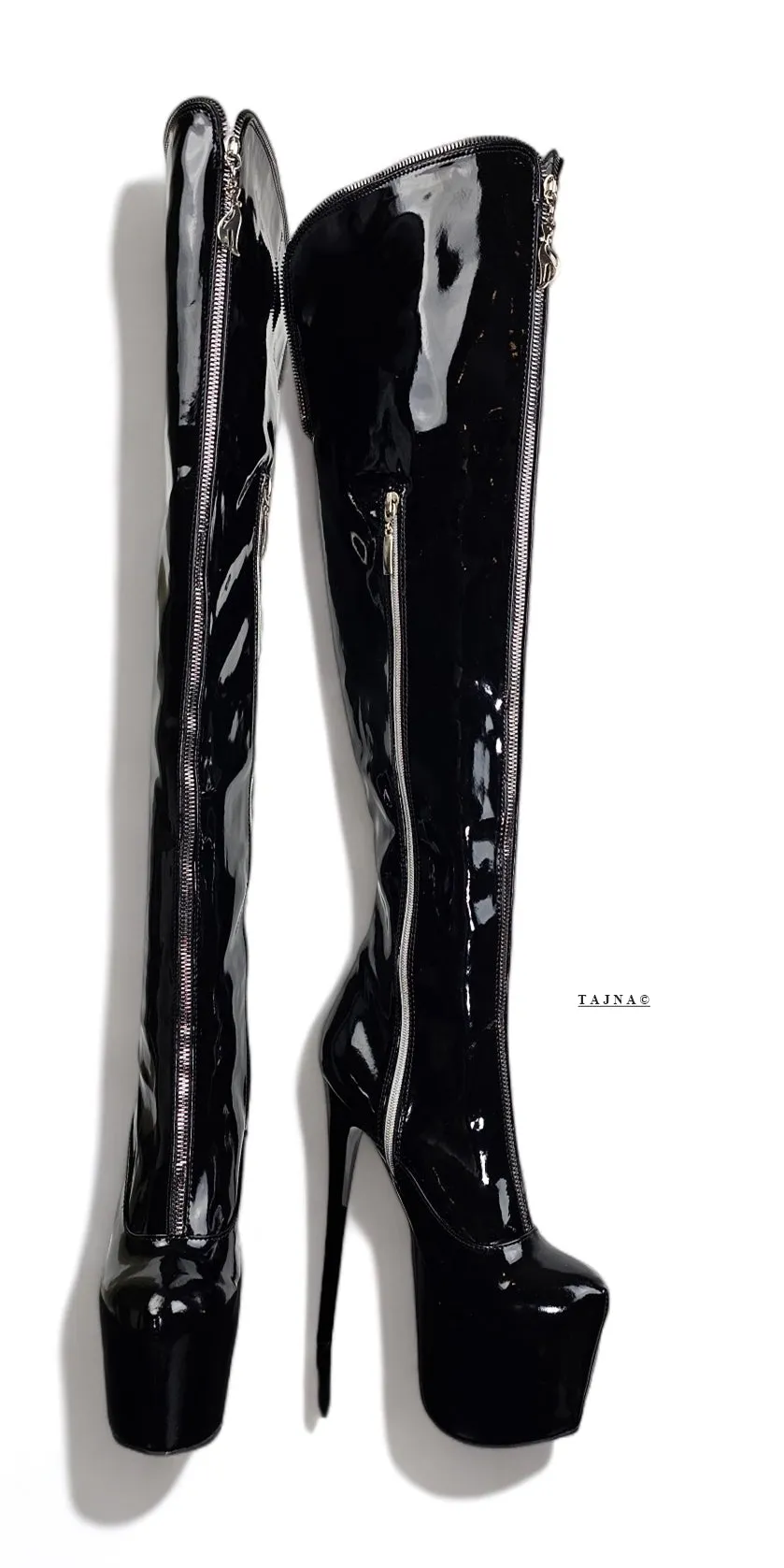 Over the Knee Black Gloss Zip Detailed High Heel Boots