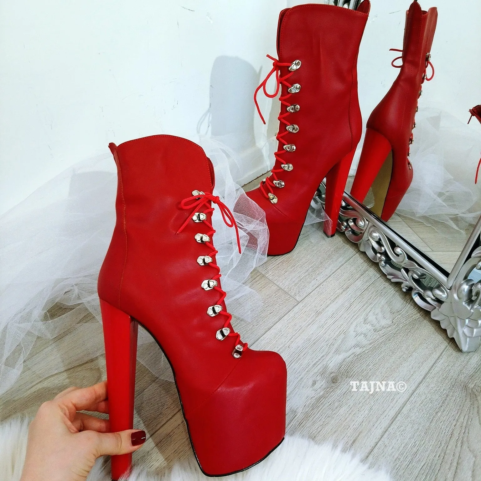 Red Lace Up Military  Platform Boots