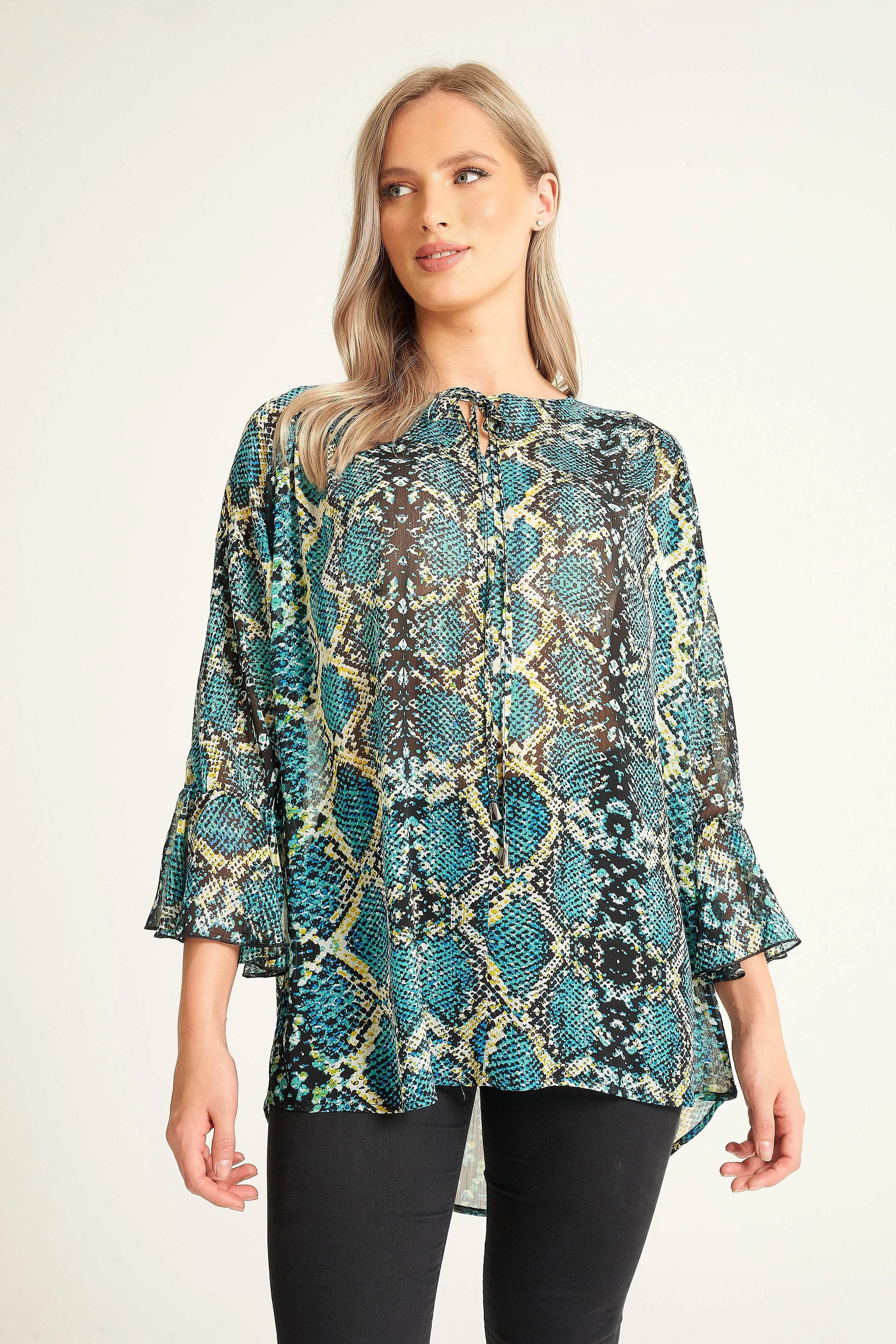 Saloos Tie Neck Flared Sleeve Blouse