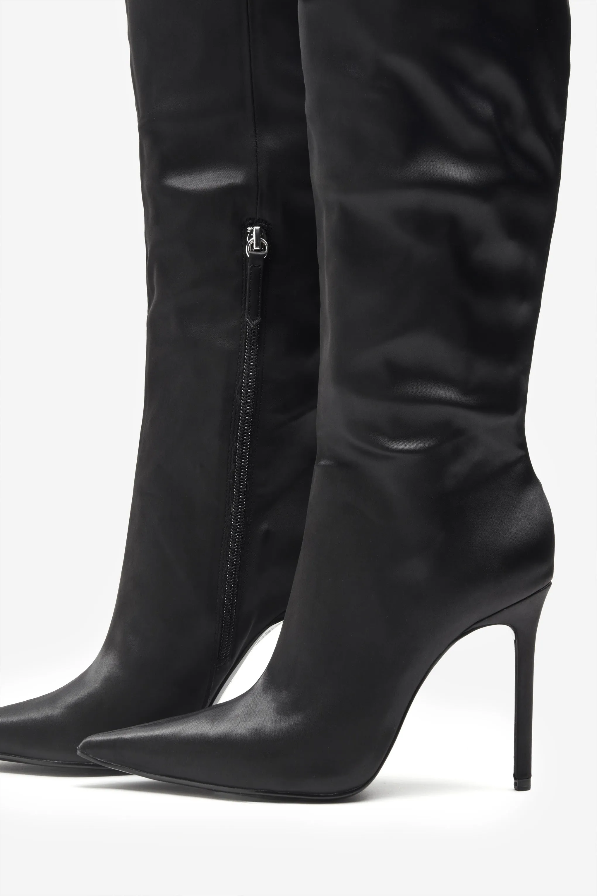 Soho | Black Satin Pointed Heeled Boots With Feather Trims