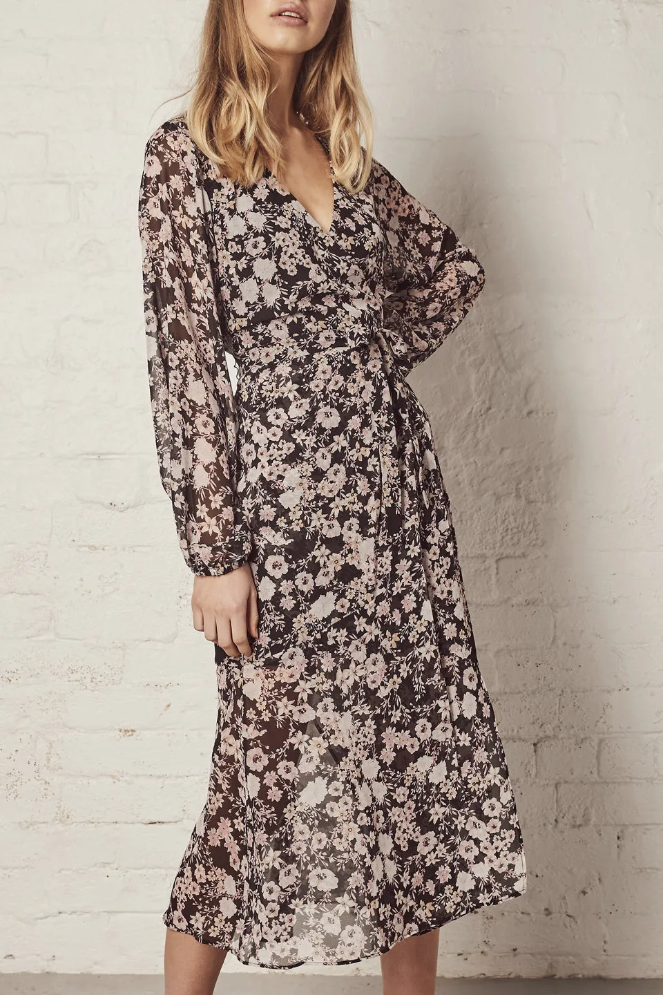 Spell Bound Black Floral LS Wrap Midi Dress