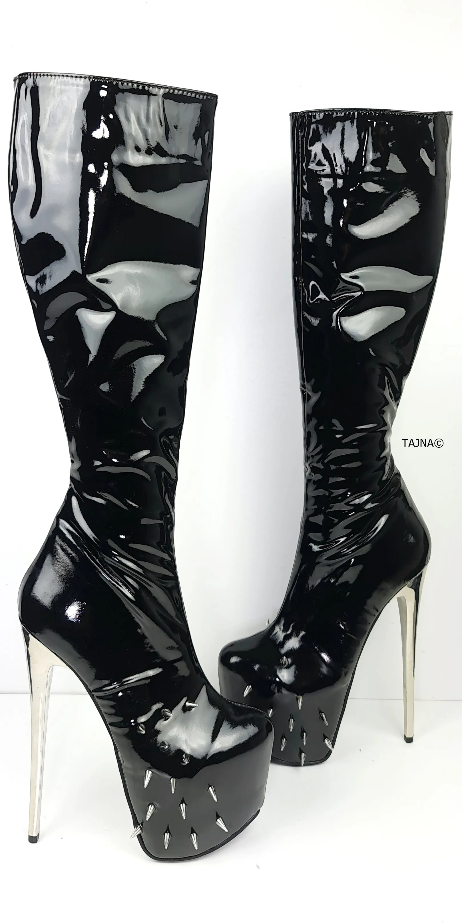 Spike Detail Black Gloss Mid Calf High Heel Boots