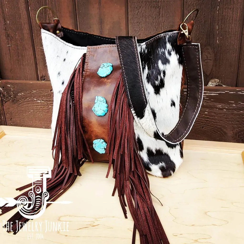 Tejas Cowhide and Turquoise Slab Bohemian Bucket Bag