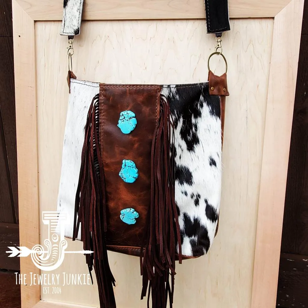 Tejas Cowhide and Turquoise Slab Bohemian Bucket Bag