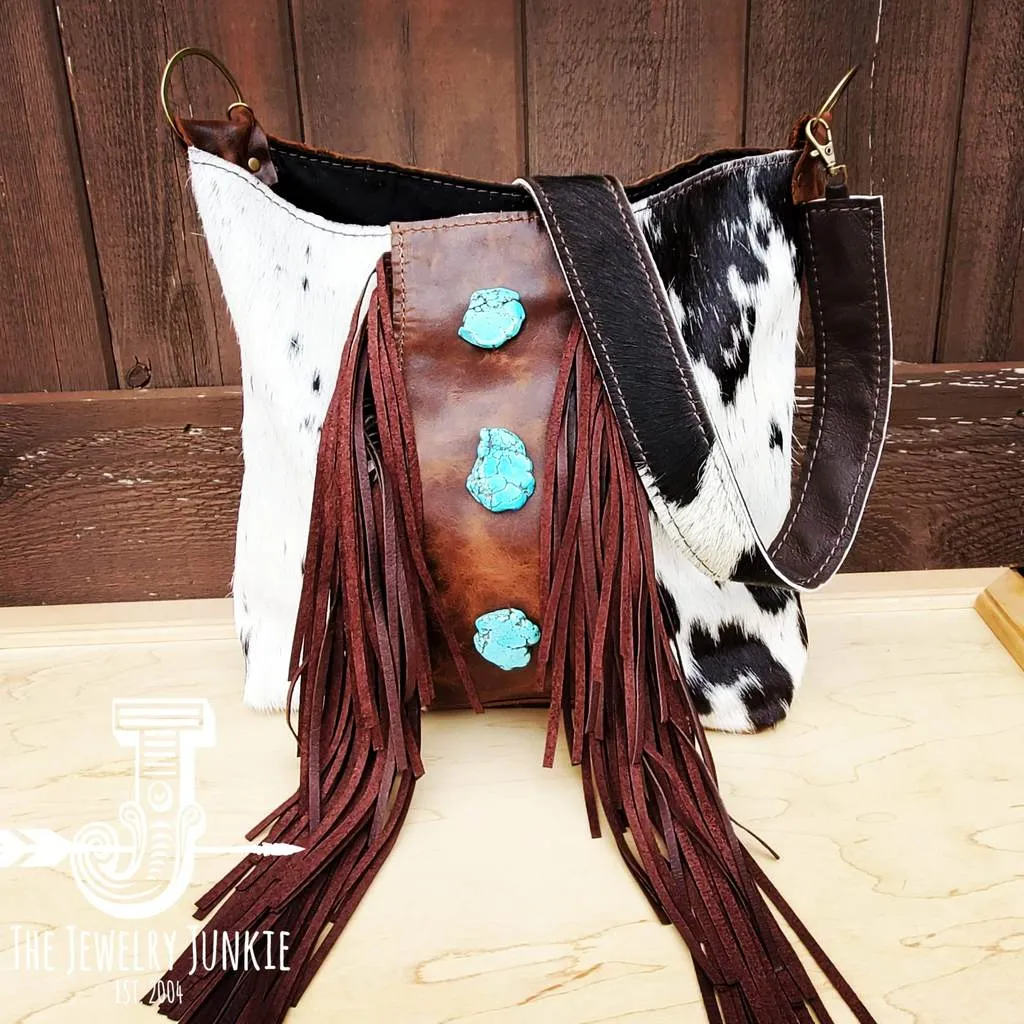 Tejas Cowhide and Turquoise Slab Bohemian Bucket Bag