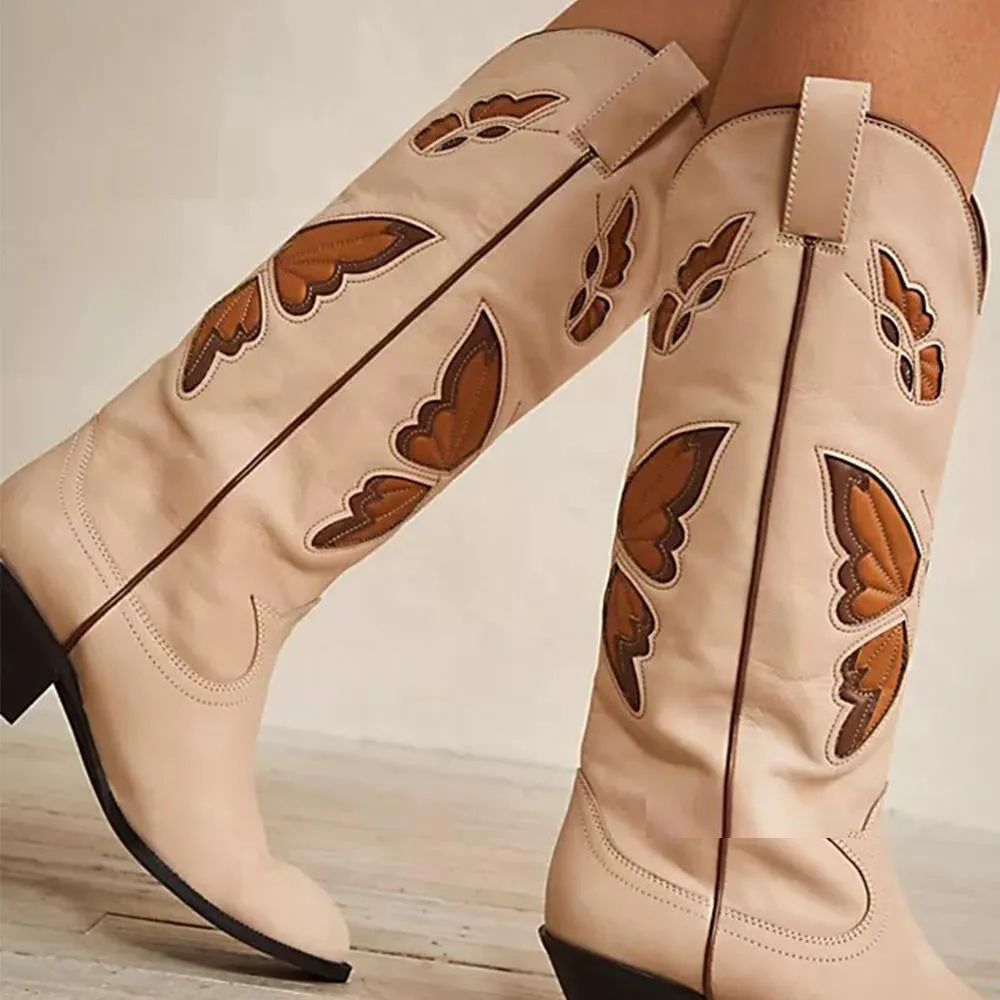 Womens Cowboy Cowgirl Mid Calf Boots Butterfly Embroidered Pointed Toe