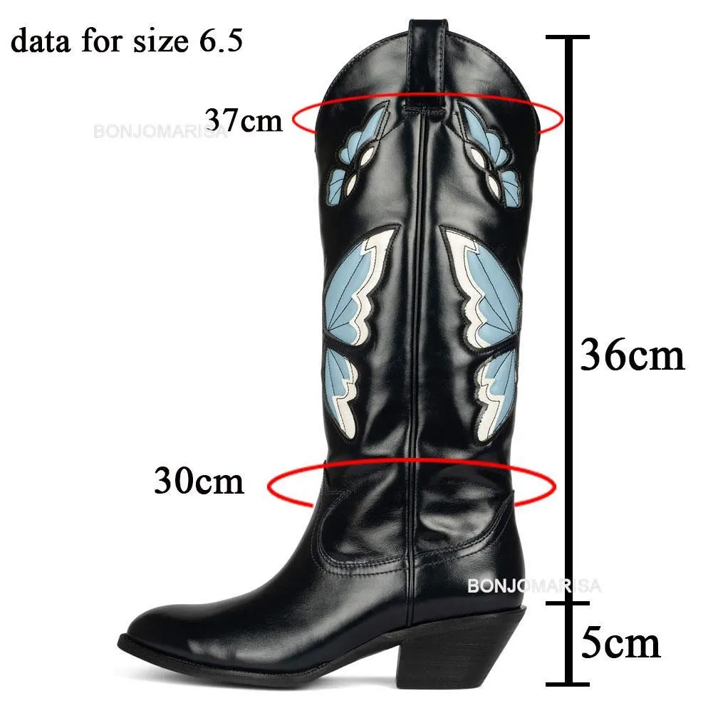 Womens Cowboy Cowgirl Mid Calf Boots Butterfly Embroidered Pointed Toe